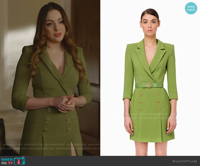 Double-breasted dress with belt by Elisabetta Franchi worn by Fallon Carrington (Elizabeth Gillies) on Dynasty