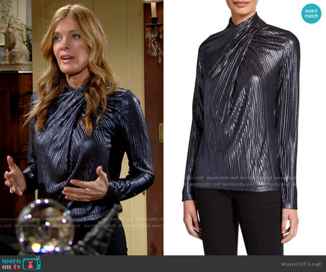 Elie Tahari Keilani Metallic Wrap Top worn by Phyllis Summers (Michelle Stafford) on The Young & the Restless