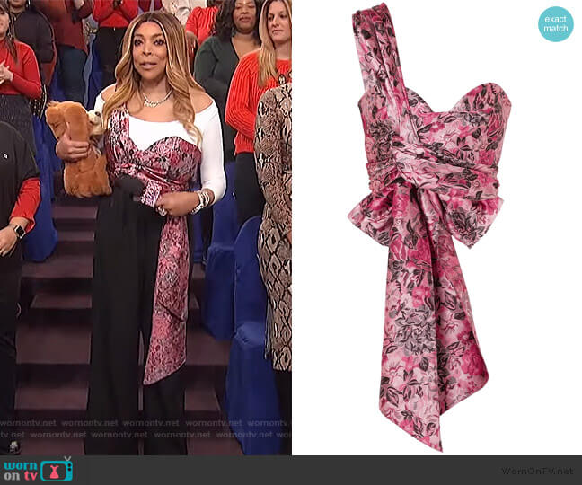 Halle one-shoulder bow-detailed floral-jacquard bustier top by Erdem worn by Wendy Williams on The Wendy Williams Show