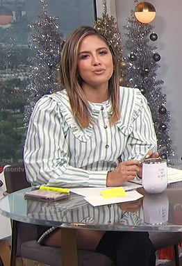 Erin’s green and white striped blouse and black shorts on E! News Daily Pop