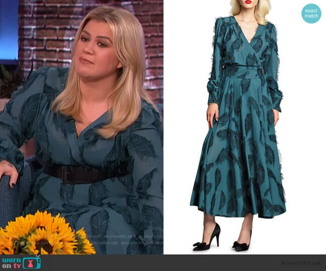 Danielle Long-Sleeve Feather Dress by Eva Franco worn by Kelly Clarkson on The Kelly Clarkson Show