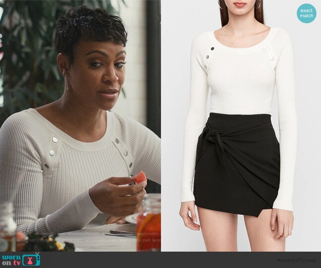 Ribbed Button Shoulder Sweater by Express worn by Angela (Carly Hughes
) on American Housewife