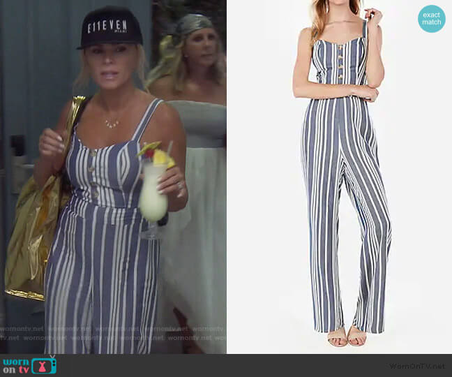Striped Button Front Cut-Out Tie Back Jumpsuit by Express worn by Tamra Judge  on The Real Housewives of Orange County