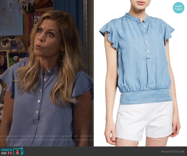 Smocked Flounce Button-Front Popover Blouse by Frame worn by DJ Tanner-Fuller (Candace Cameron Bure) on Fuller House