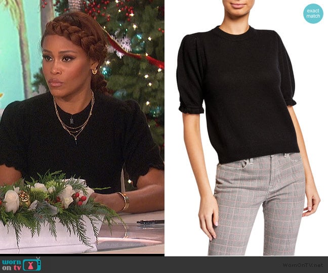 Shirred Sustainable Cashmere Puff-Sleeve Sweater by Frame worn by Eve on The Talk