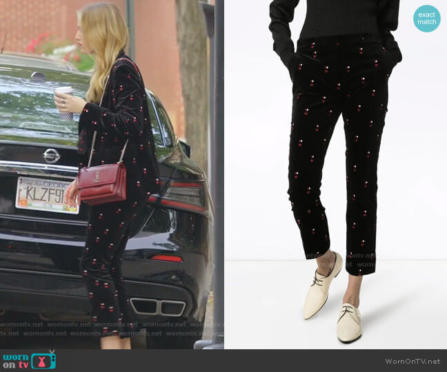 Heart-Embroidered Velvet Trousers by Frame worn by Kirby Anders (Maddison Brown) on Dynasty