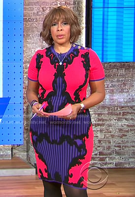 Gayle’s pink and purple printed knit dress on CBS This Morning