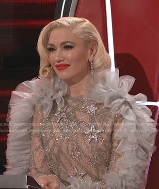 Gwen Stefani’s embellished ruffled tulle sleeve dress on The Voice