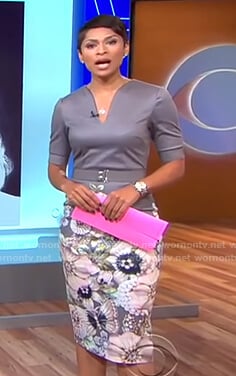 Jericka’s grey floral belted dress on CBS Mornings