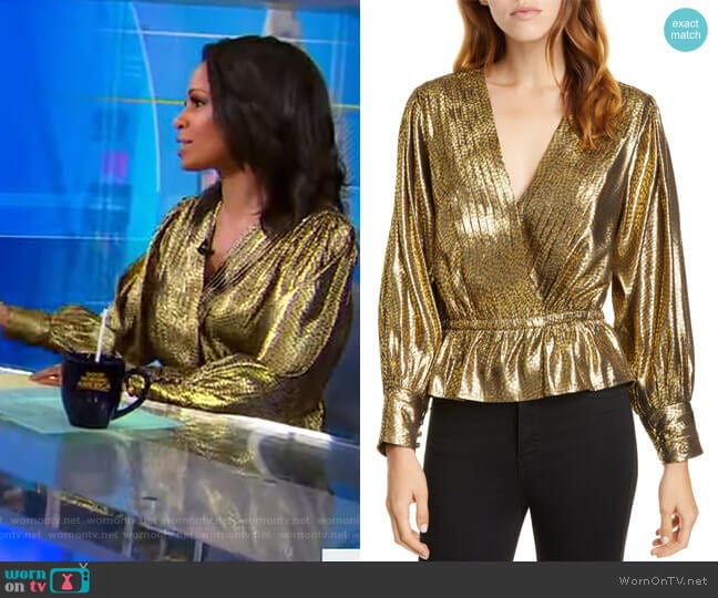 WornOnTV: Adrienne’s metallic wrap blouse on Good Morning America ...