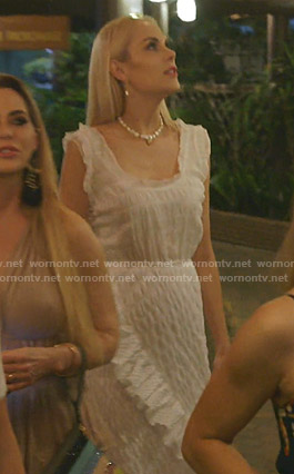 Kameron's white sleeveless midi dress with ruffles on The Real Housewives of Dallas