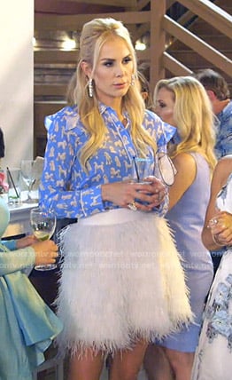 Kameron’s blue dog print blouse and feather skirt on The Real Housewives of Dallas