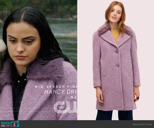 Kate Spade Faux Fur Lapel Coat in Purple Shade worn by Veronica Lodge (Camila Mendes) on Riverdale