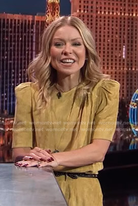 Kelly’s yellow corduroy midi dress on Live with Kelly and Ryan