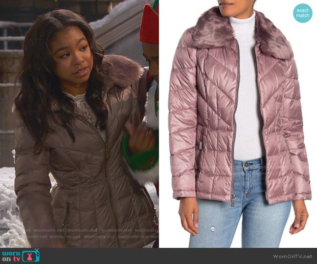 Faux Fur Collar Zip Front Puffer Jacket by Kenneth Cole New York  worn by Nia Baxter (Navia Robinson) on Ravens Home