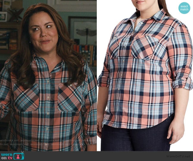 Plus Relaxed-Fit Plaid Cotton Button-Down Shirt by Lauren Ralph Lauren worn by Katie Otto (Katy Mixon) on American Housewife