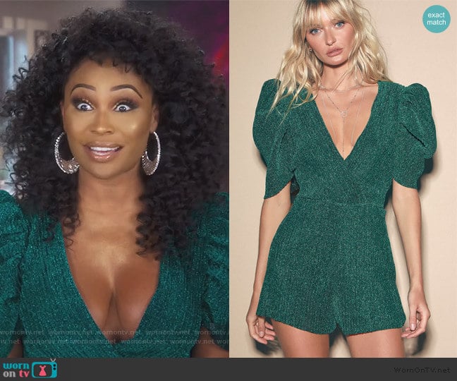 Evening Out Teal Green Metallic Pleated Romper by Lulus worn by Cynthia Bailey on The Real Housewives of Atlanta