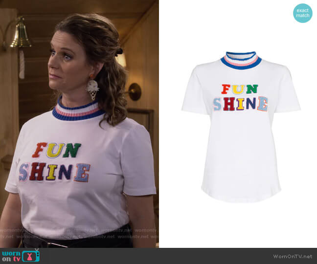 Funshine Flocked Applique Striped Cotton T-Shirt by Mira Mikati worn by Kimmy Gibbler (Andrea Barber) on Fuller House