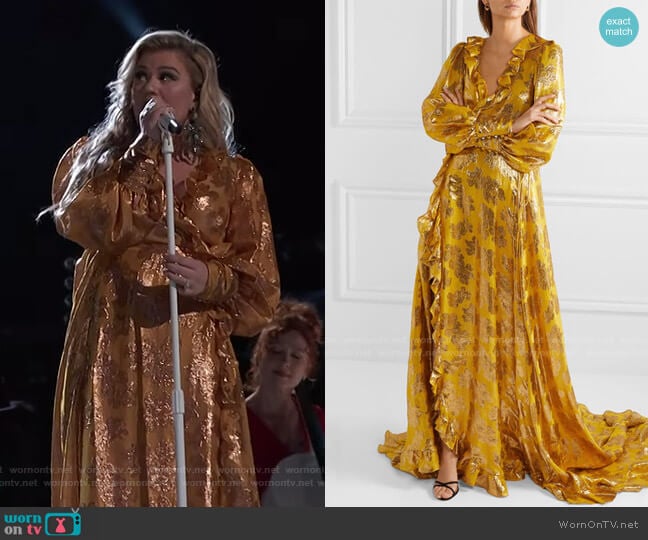 Ruffled Metallic Jacquard Wrap Gown by Monique Lhuillier worn by Kelly Clarkson on The Voice