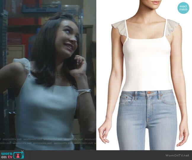 Marg Ruffle-Strap Crop Top by Alice + Olivia worn by Bess (Maddison Jaizani) on Nancy Drew