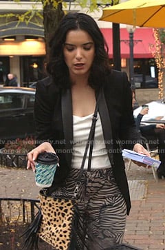 Megan’s black blazer and zebra print pants on Shameless