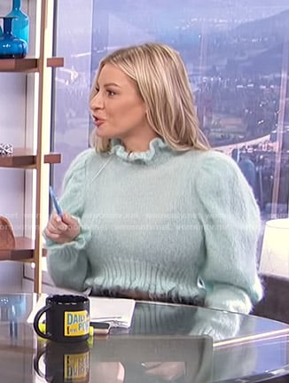 Morgan’s mint green ruffled puff sleeve sweater on E! News Daily Pop