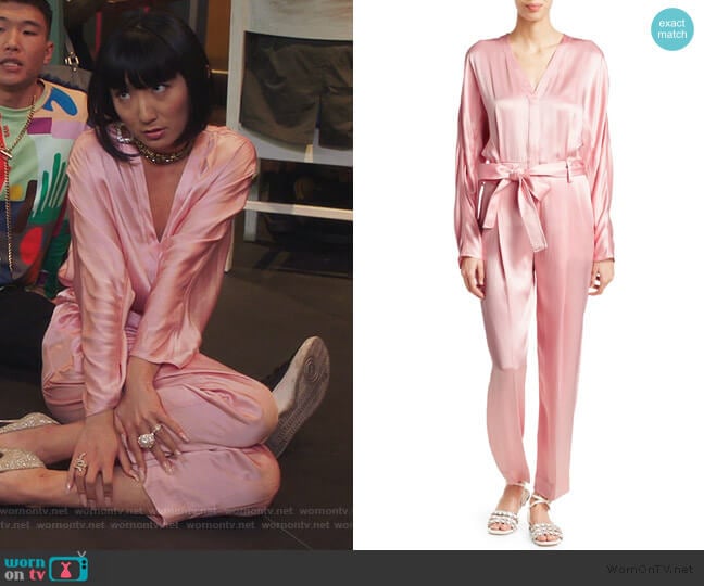 Mei’s pink satin jumpsuit on Sunnyside