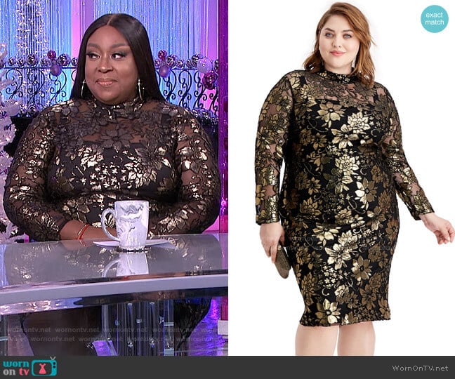 Plus Size Metallic Mock-Neck Dress by RACHEL Rachel Roy worn by Loni Love on The Real