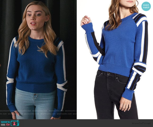 Stripe Detail Cotton Blend Sweater by Rebecca Minkoff worn by Taylor Otto (Meg Donnelly) on American Housewife