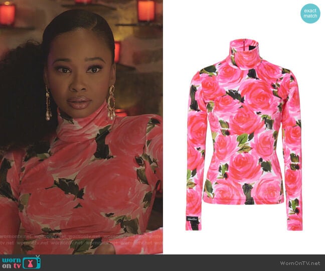 Rose Garden Floral-Print Stretch-Knit Turtleneck Top by Richard Quinn worn by Monica Colby (Wakeema Hollis) on Dynasty