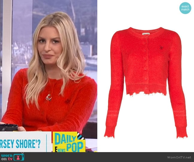 WornOnTV: Morgan’s red cardigan and pink mini skirt on E! News | Morgan ...