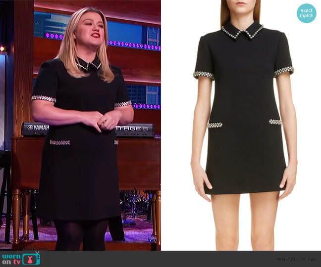 Crystal Trim Wool Shift Dress by Saint Laurent worn by Kelly Clarkson on The Kelly Clarkson Show