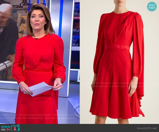 Scarf-Neck Crepe Dress by Alexander McQueen worn by Norah O'Donnell on CBS Evening News