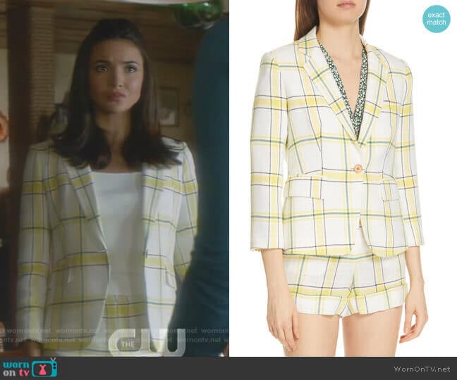 Plaid Dickey Jacket and Carit shorts by Veronica Beard worn by Bess (Maddison Jaizani) on Nancy Drew