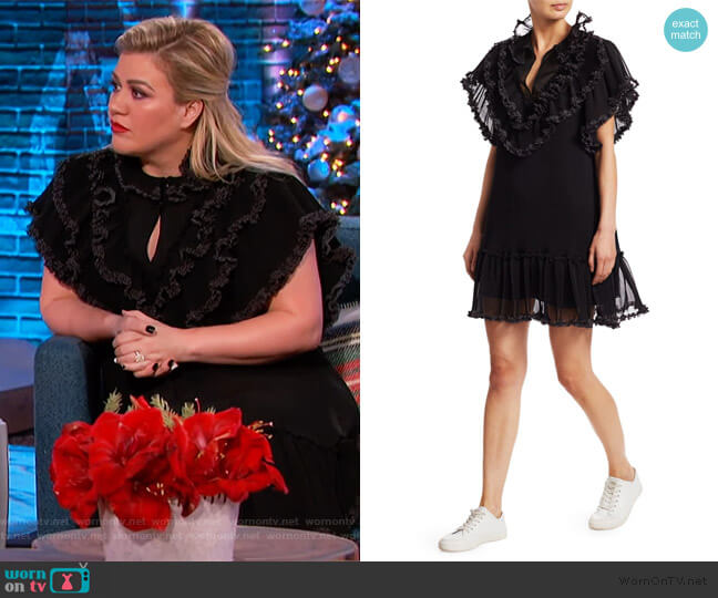 Polka Dot Ruffle Plissé Georgette Shift Dress by See by Chloe worn by Kelly Clarkson on The Kelly Clarkson Show