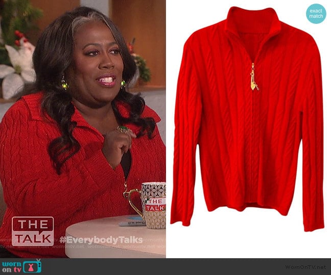 Red Cable Knit Cashmere Charm Zipper Cardigan by St. John worn by Sheryl Underwood on The Talk