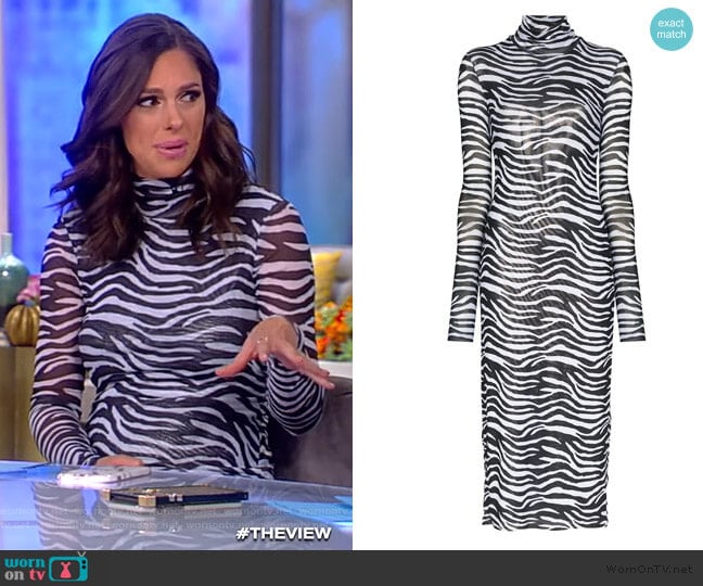 Zebra-print metallic-lined mesh midi dress by Staud worn by Abby Huntsman on The View