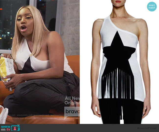 One-Shoulder Star-Patch Top W/Fringe by Stella McCartney worn by Nene Leakes on The Real Housewives of Atlanta