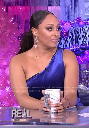 Tamera's blue velvet one-shoulder dress on The Real