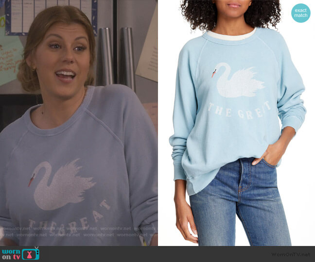 The College Swan French Terry Sweatshirt by The Great. worn by Stephanie Tanner (Jodie Sweetin) on Fuller House
