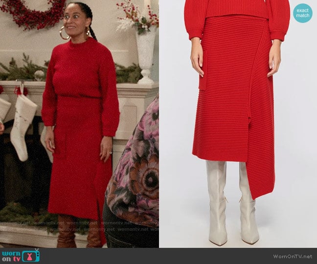 Tibi Merino Rib Sweater Origami Slit Skirt worn by Rainbow Johnson (Tracee Ellis Ross) on Black-ish