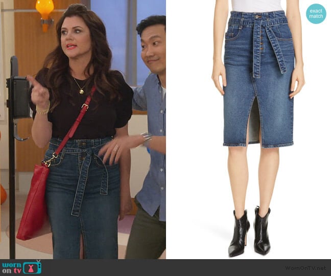 Denton High Waist Denim Skirt by Veronica Beard worn by Lori Mendoza (Tiffani Thiessen) on Alexa & Katie