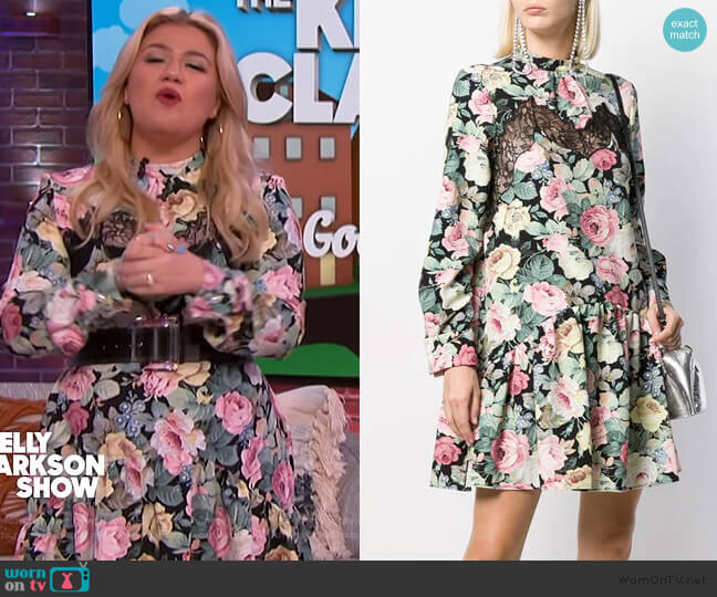 Lace insert Floral Print Dress by Vivetta worn by Kelly Clarkson on The Kelly Clarkson Show