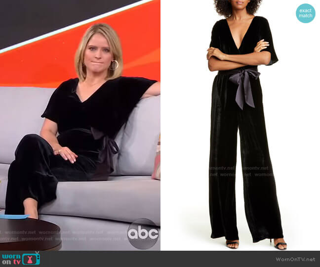 Breanna Faux Wrap Front Velvet Jumpsuit by Alice + Olivia worn by Sara Haines on Good Morning America