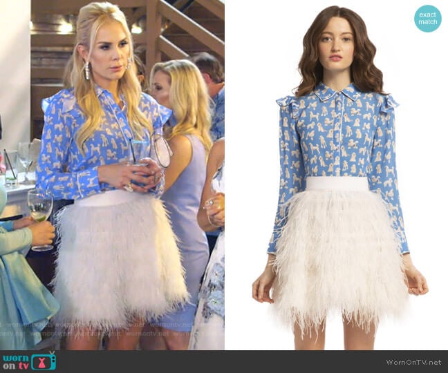 Zimmer Blouse and Cina White Feather Skirt by Alice + Olivia worn by Kameron Westcott on The Real Housewives of Dallas