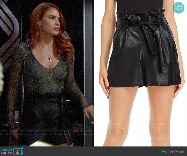 Amanda Uprichard Tessi Faux Leather Shorts worn by Sally Spectra (Courtney Hope) on The Bold and the Beautiful