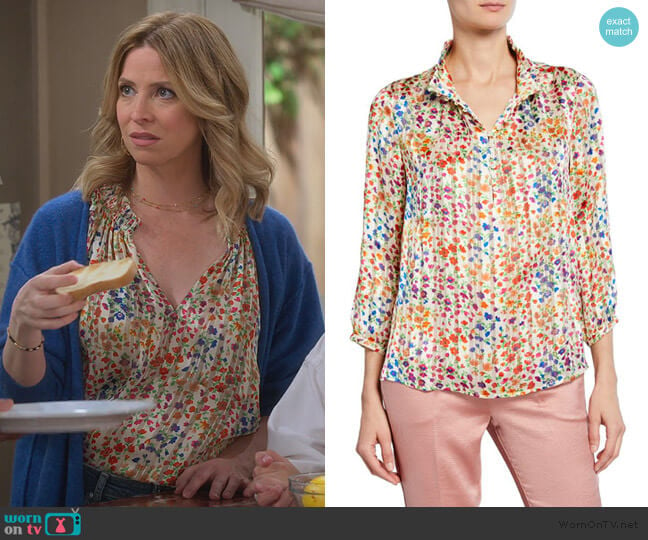 room floral-print mock-neck button-front 3/4-sleeve top by Ba&sh worn by Jennifer Cooper (Jolie Jenkins) on Alexa & Katie