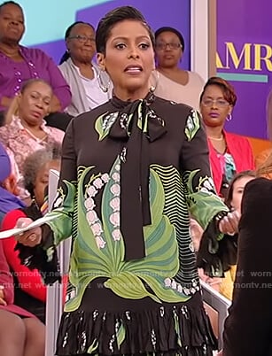 Tamron’s black lily print dress on Tamron Hall Show