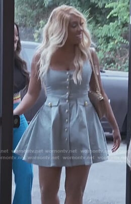 Porsha’s blue button front mini dress on The Real Housewives of Atlanta