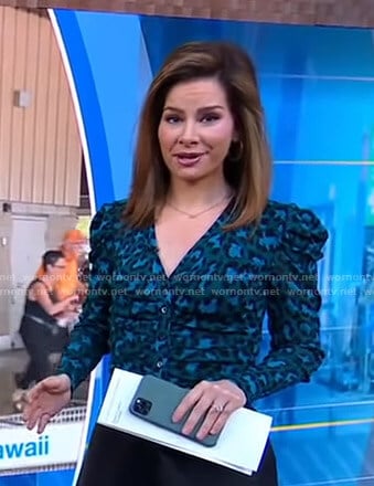 Rebecca’s blue leopard print v-neck top on Good Morning America